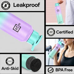 A collage of six images showing the purple and mint water bottle's leakproof, anti-skid, and certified features.