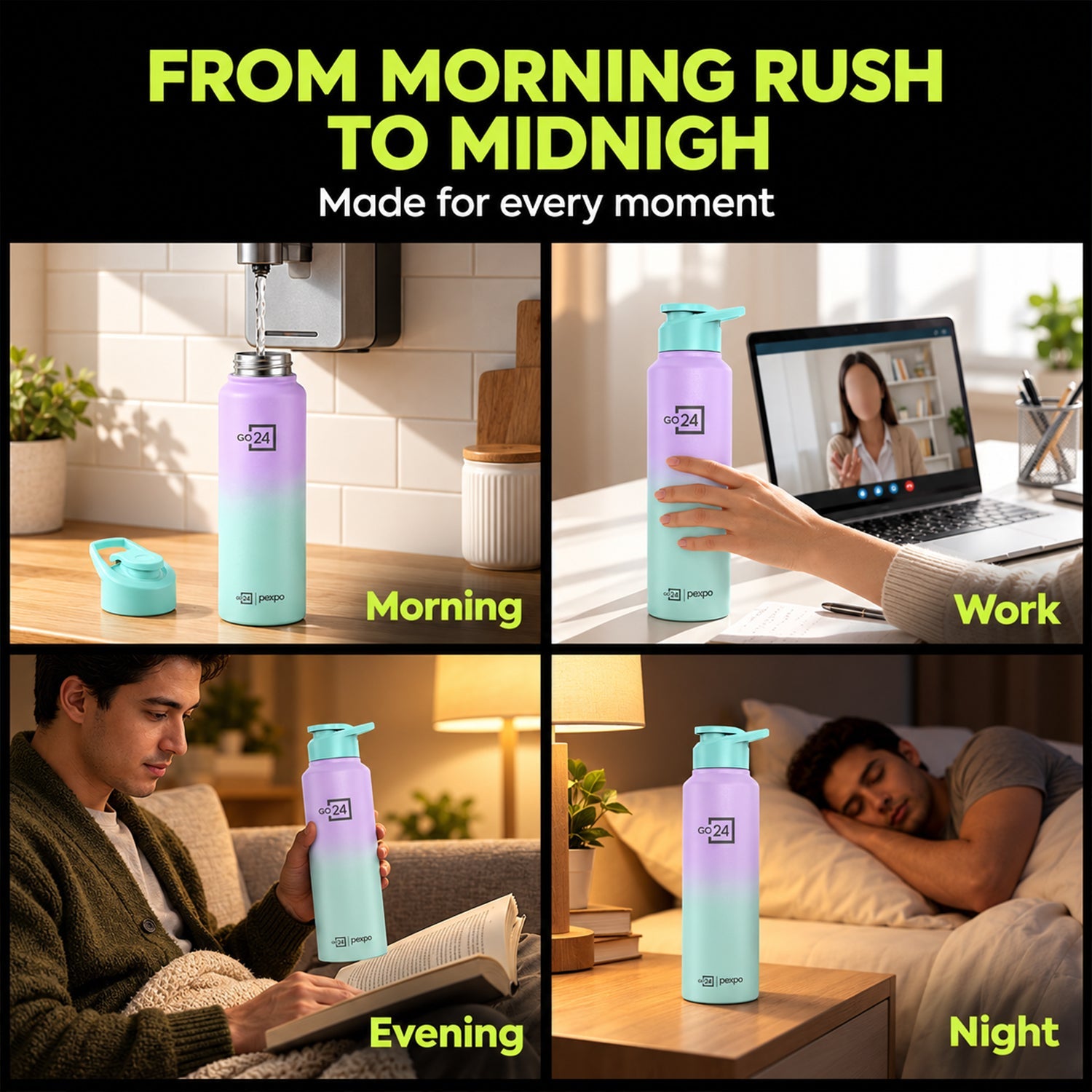 A four-panel collage shows the purple and mint water bottle being used throughout the day: morning, work, evening, and night.
