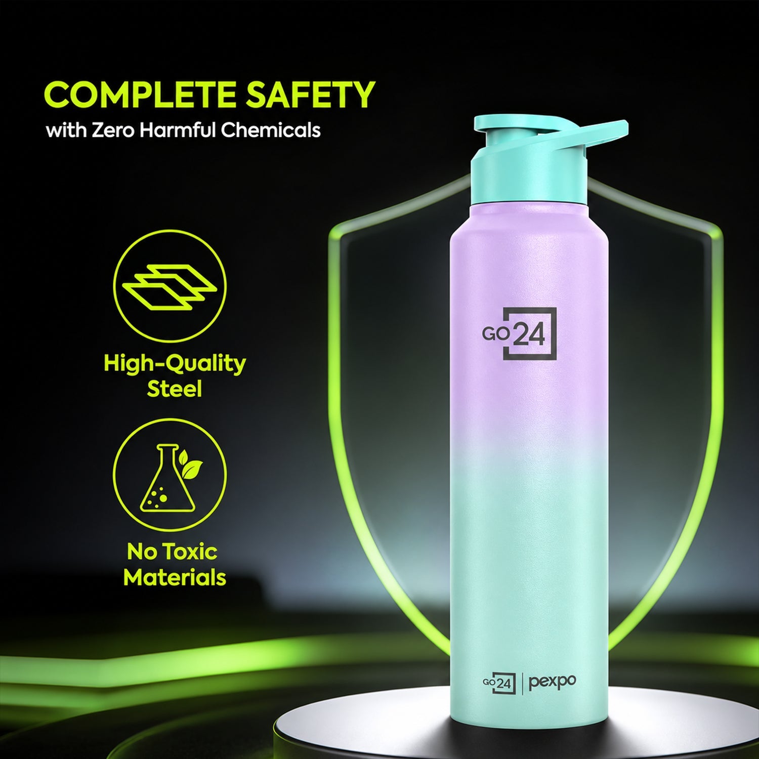 The ombre purple and mint water bottle stands in front of a glowing shield graphic, with icons for high-quality steel and