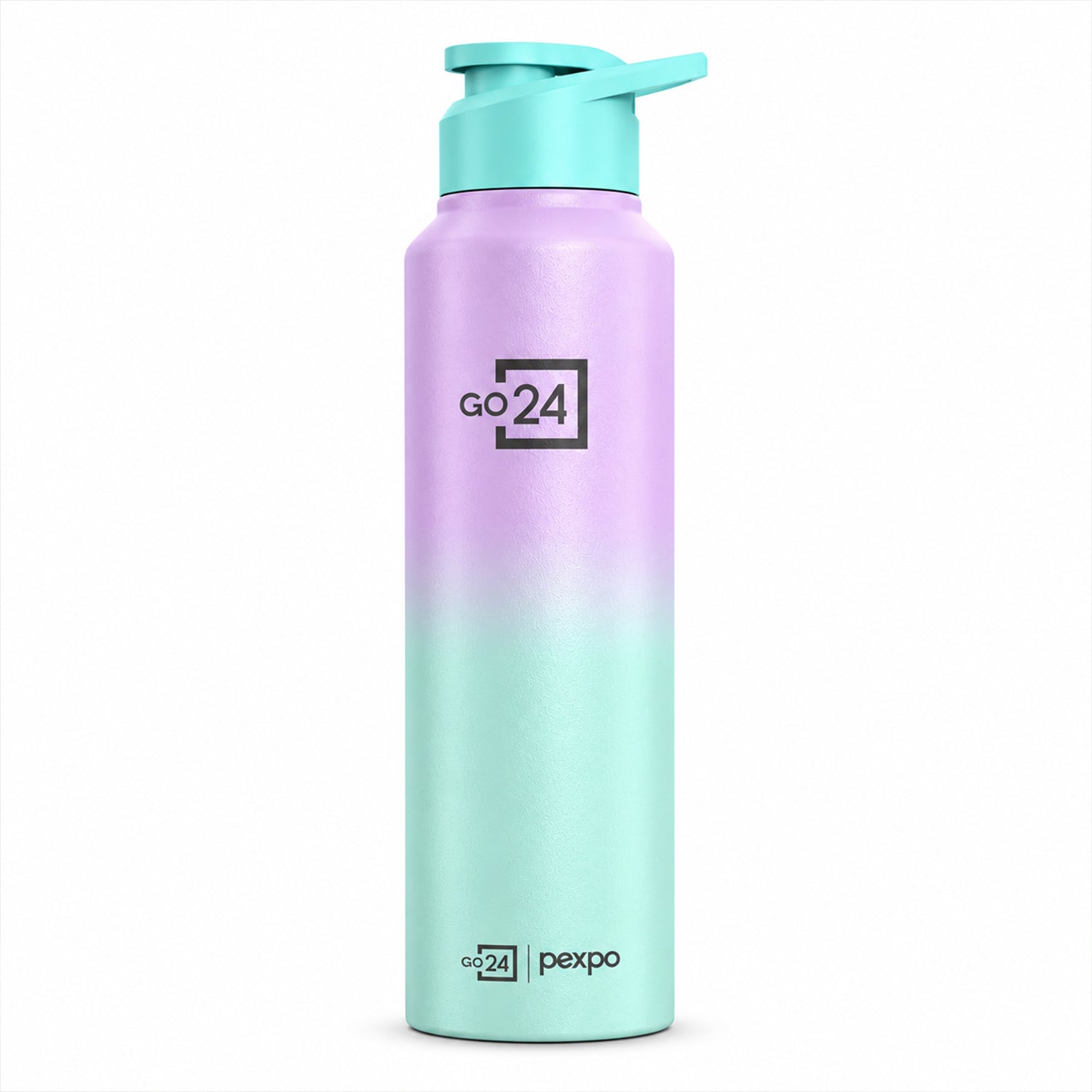 A tall, ombre purple and mint green water bottle with a mint green straw lid stands upright on a white background.