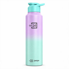 A tall, ombre purple and mint green water bottle with a mint green straw lid stands upright on a white background.