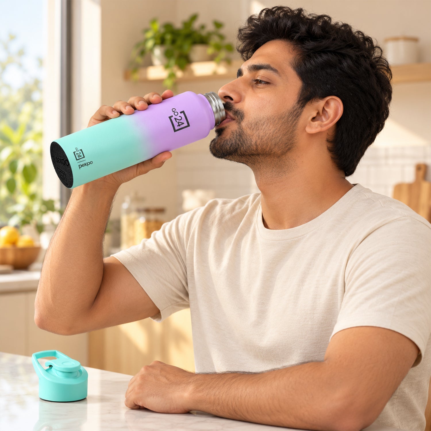 A man in a light t-shirt drinks from the purple and mint water bottle at a kitchen counter, with the lid beside it.