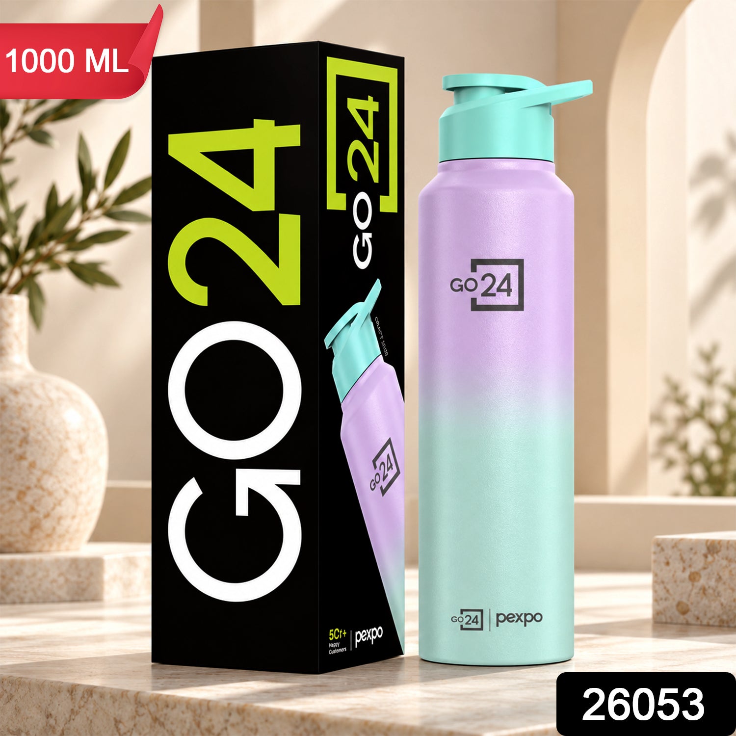 A purple and mint green water bottle with a mint green straw lid sits next to its black packaging box, with red and black