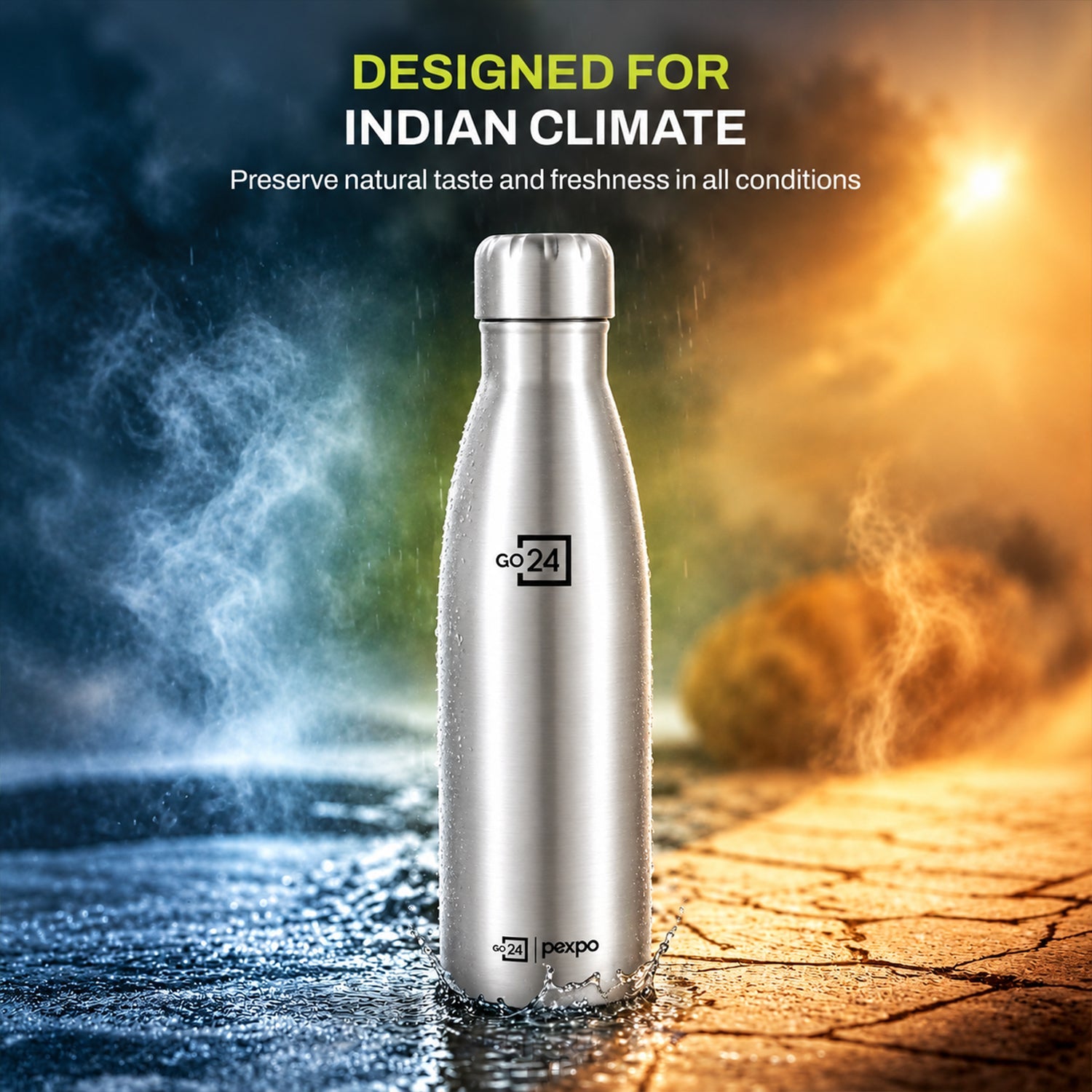 A silver water bottle stands amidst a dramatic background with mist and contrasting warm and cool lighting.