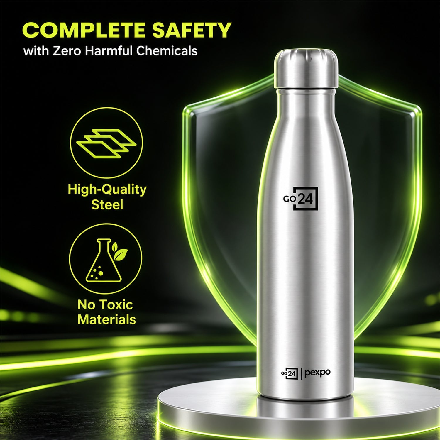 A silver water bottle on a pedestal, with glowing green icons illustrating its safety and quality.