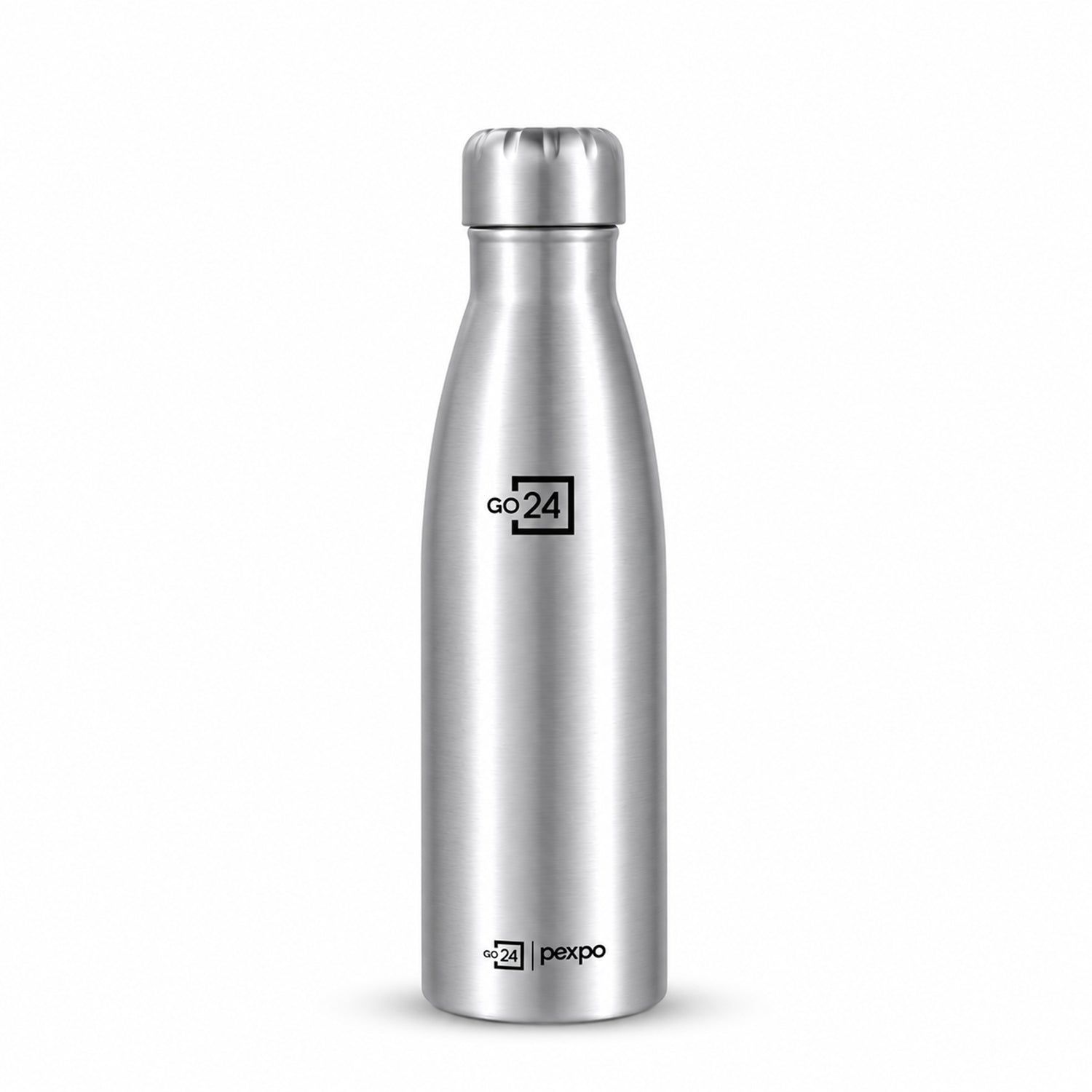 A single silver stainless steel water bottle with a screw cap is centered on a plain white background.
