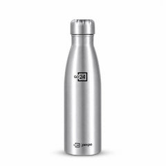 A single silver stainless steel water bottle with a screw cap is centered on a plain white background.