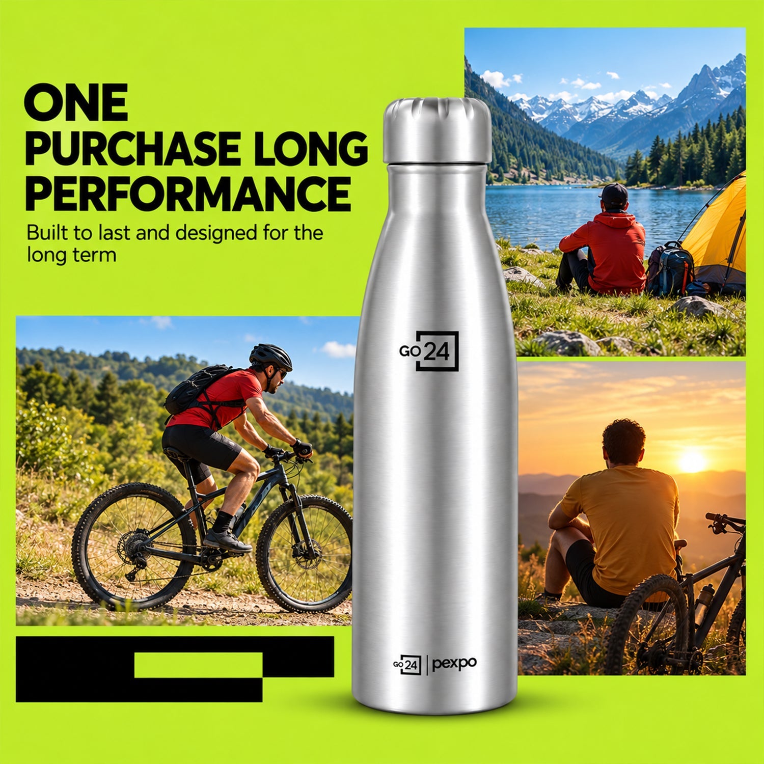 A silver water bottle is prominently displayed next to a collage of outdoor activity images.