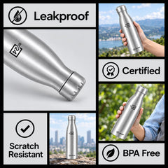 A collage of five images highlighting the water bottle's features like leakproof and scratch resistant.