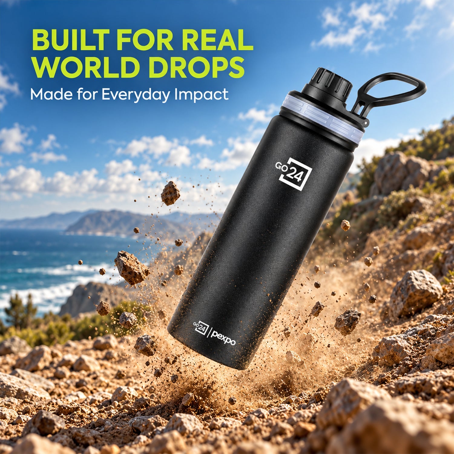 A black stainless steel bottle falling onto rocky terrain with dirt scattering, ocean in the background.