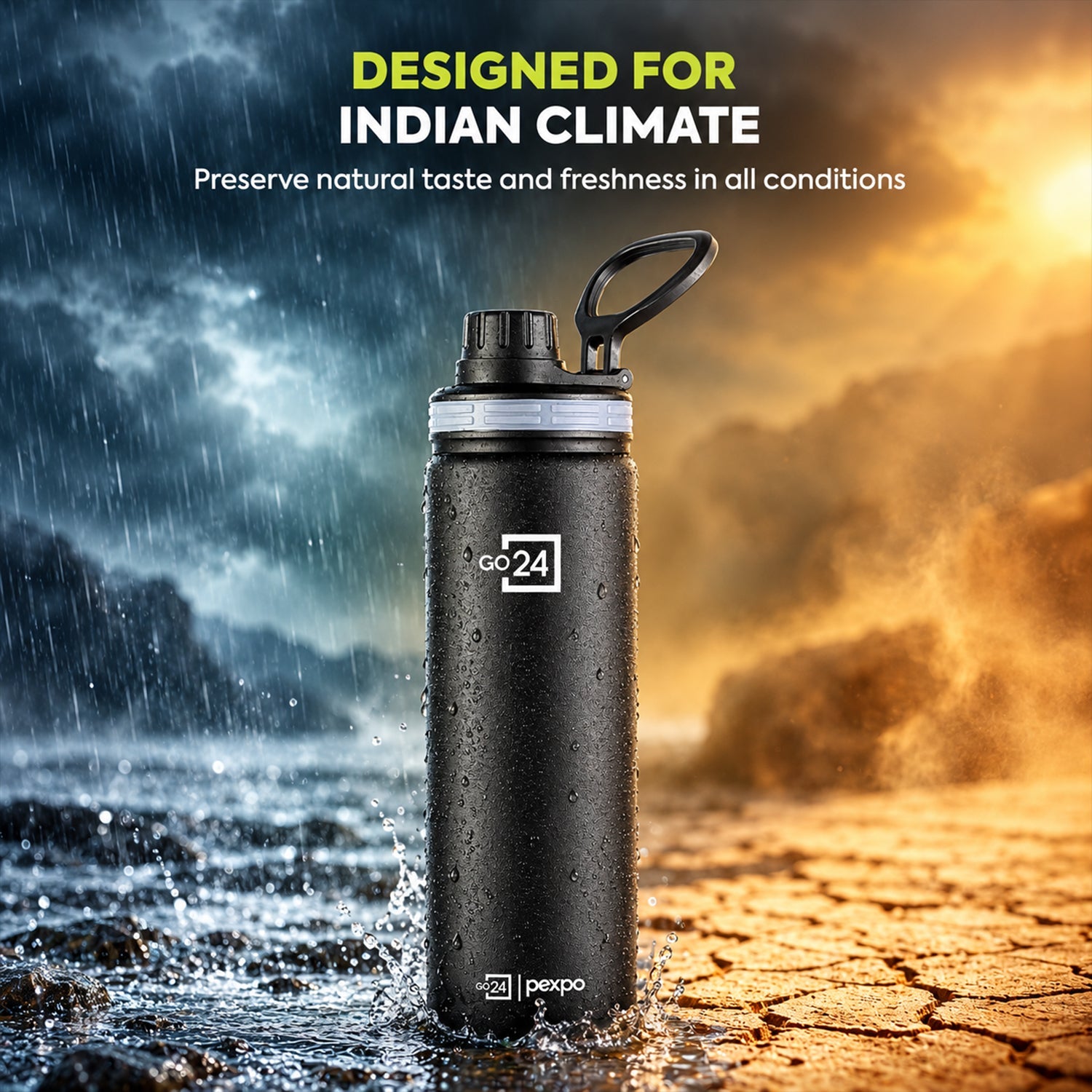A black stainless steel bottle standing in water splashes with a sunny, dry background on the right.