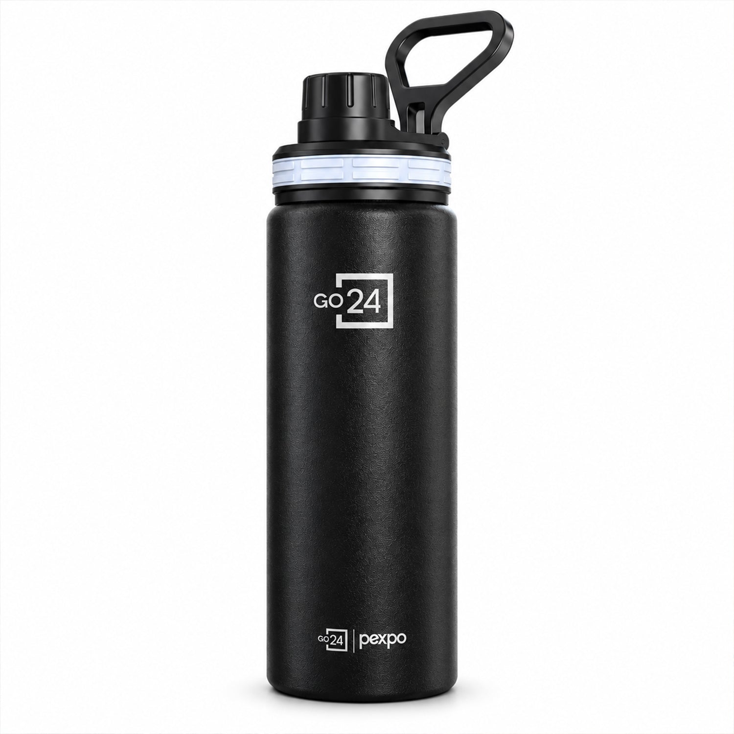 A black stainless steel bottle with a white logo and a black carry handle against a white background.
