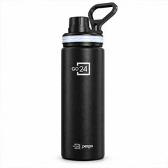 A black stainless steel bottle with a white logo and a black carry handle against a white background.