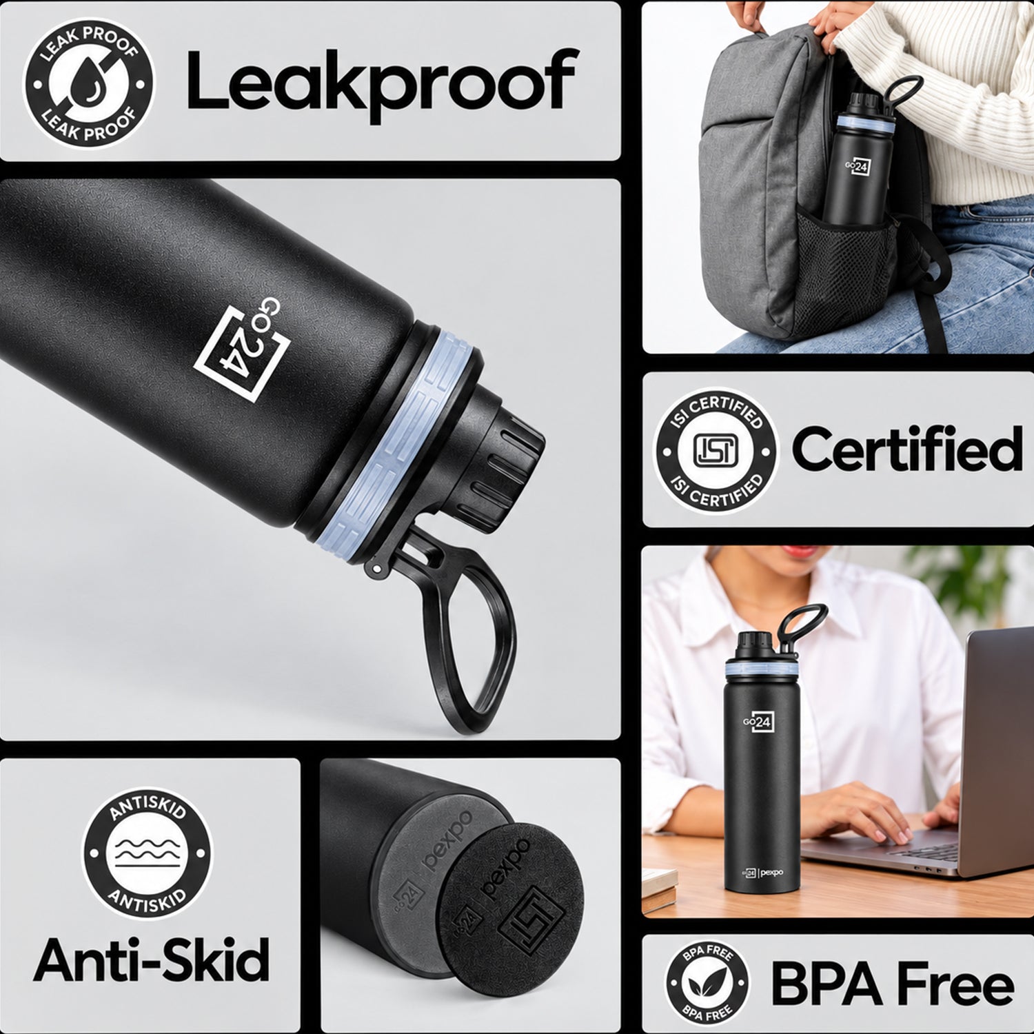 Collage showing the leakproof lid, bottle in a backpack, anti-skid base, and a person using it.