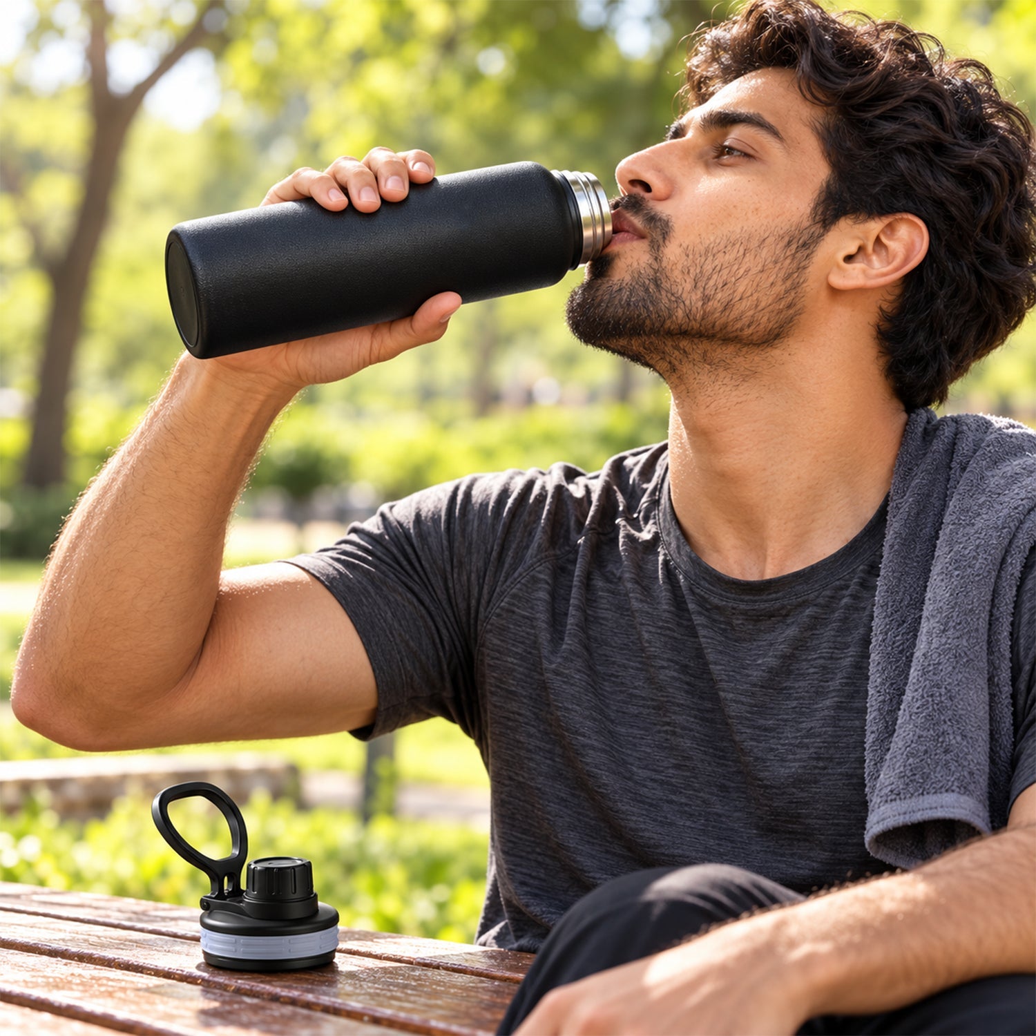 A man in a park drinking from a black stainless steel bottle, with the lid placed on a wooden bench.