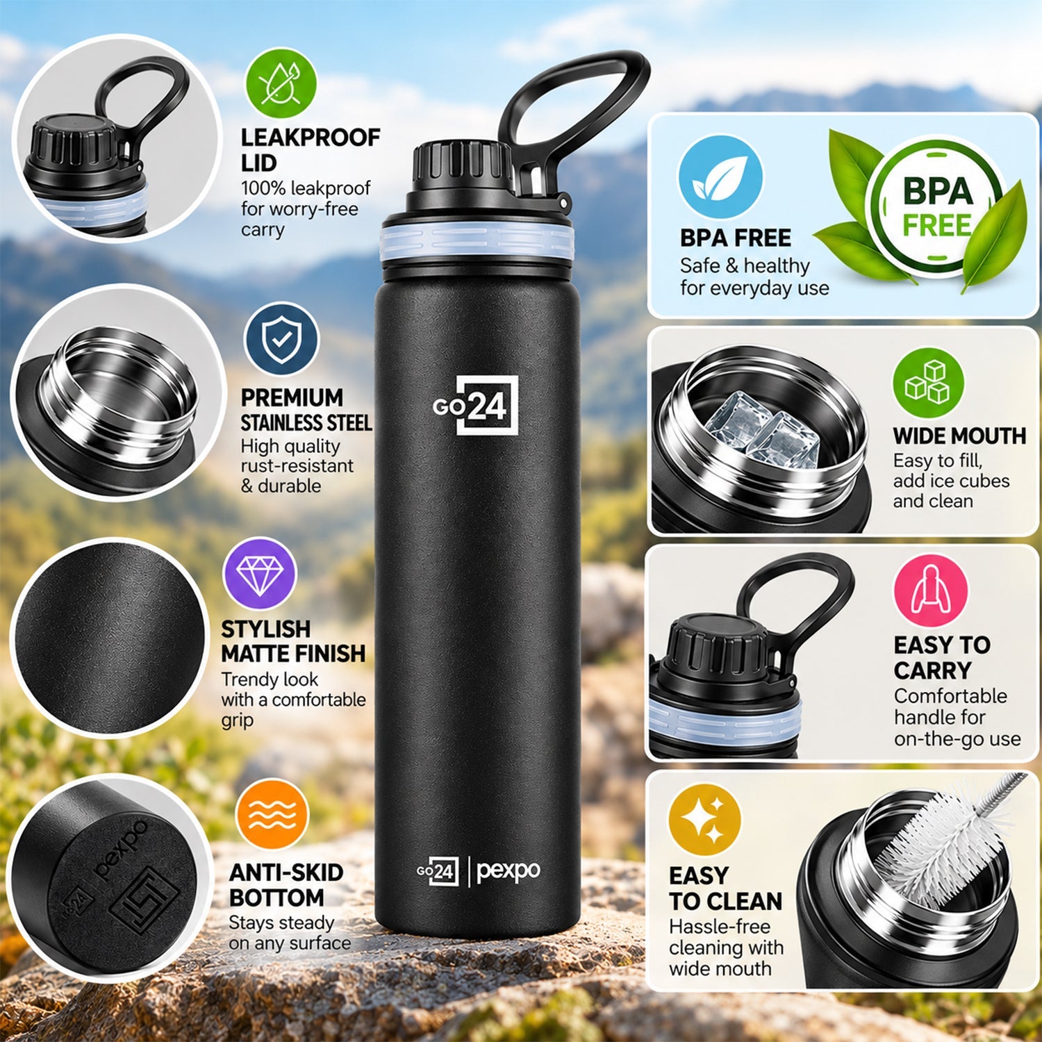 Collage highlighting the bottle's features like leakproof lid, wide mouth, and easy-to-clean design.