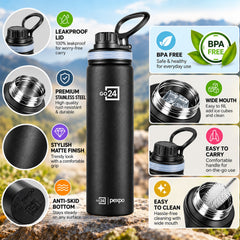 Collage highlighting the bottle's features like leakproof lid, wide mouth, and easy-to-clean design.