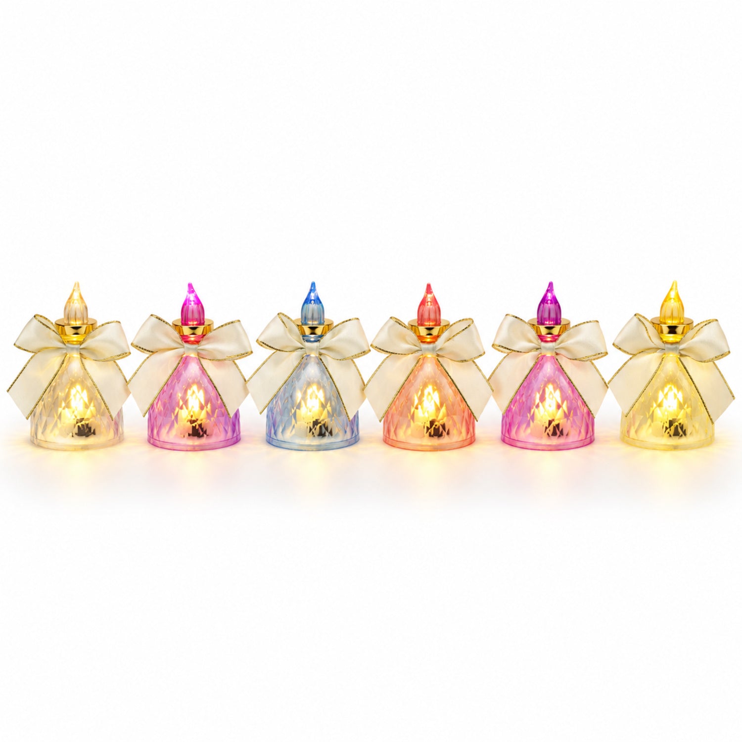Six colorful LED flameless candles with gold bows are arranged in a row on a plain white background.