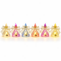Six colorful LED flameless candles with gold bows are arranged in a row on a plain white background.
