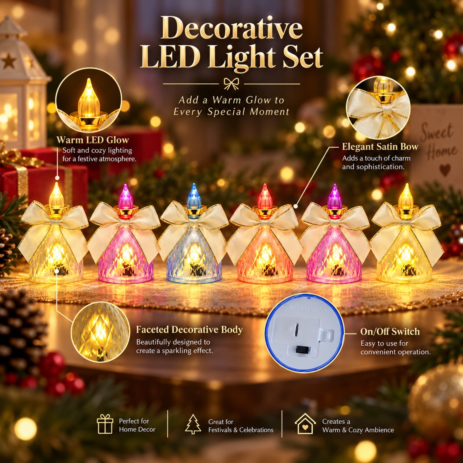 A set of six decorative LED light candles with bows, showcasing features like warm glow and faceted body.