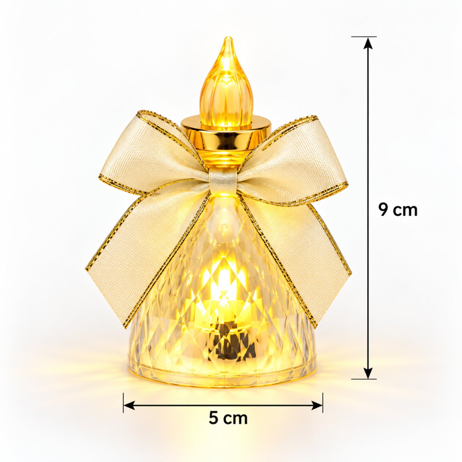A single gold LED flameless candle with a bow, showing its dimensions of 9 cm height and 5 cm width.
