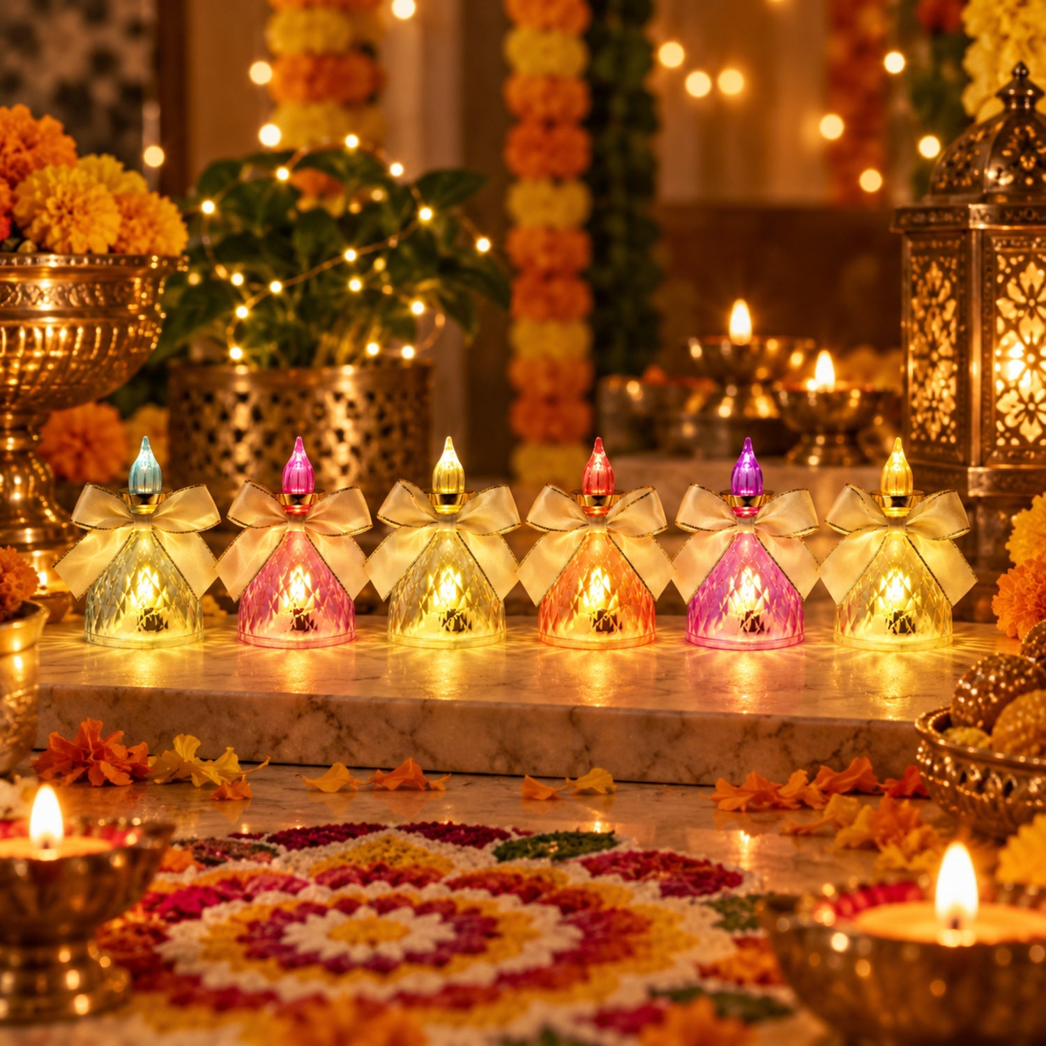 Six colorful LED flameless candles with bows are displayed on a marble surface in a festive setting.