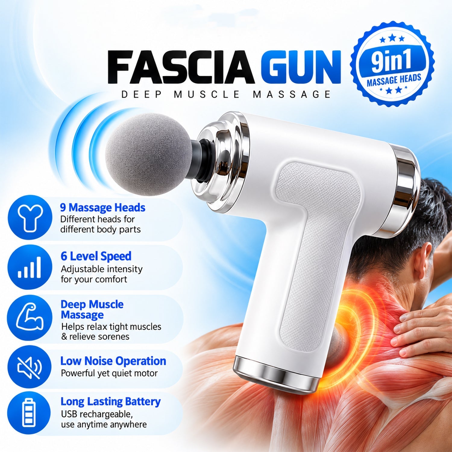 A white and silver fascia gun with a gray round head, highlighting its features and benefits on a blue background.