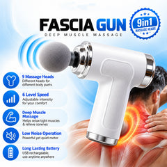 A white and silver fascia gun with a gray round head, highlighting its features and benefits on a blue background.