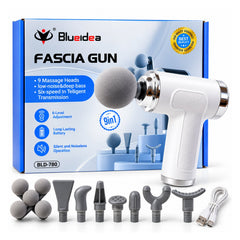 A white fascia gun with multiple gray massage heads and a USB cable, displayed in front of its blue product box.