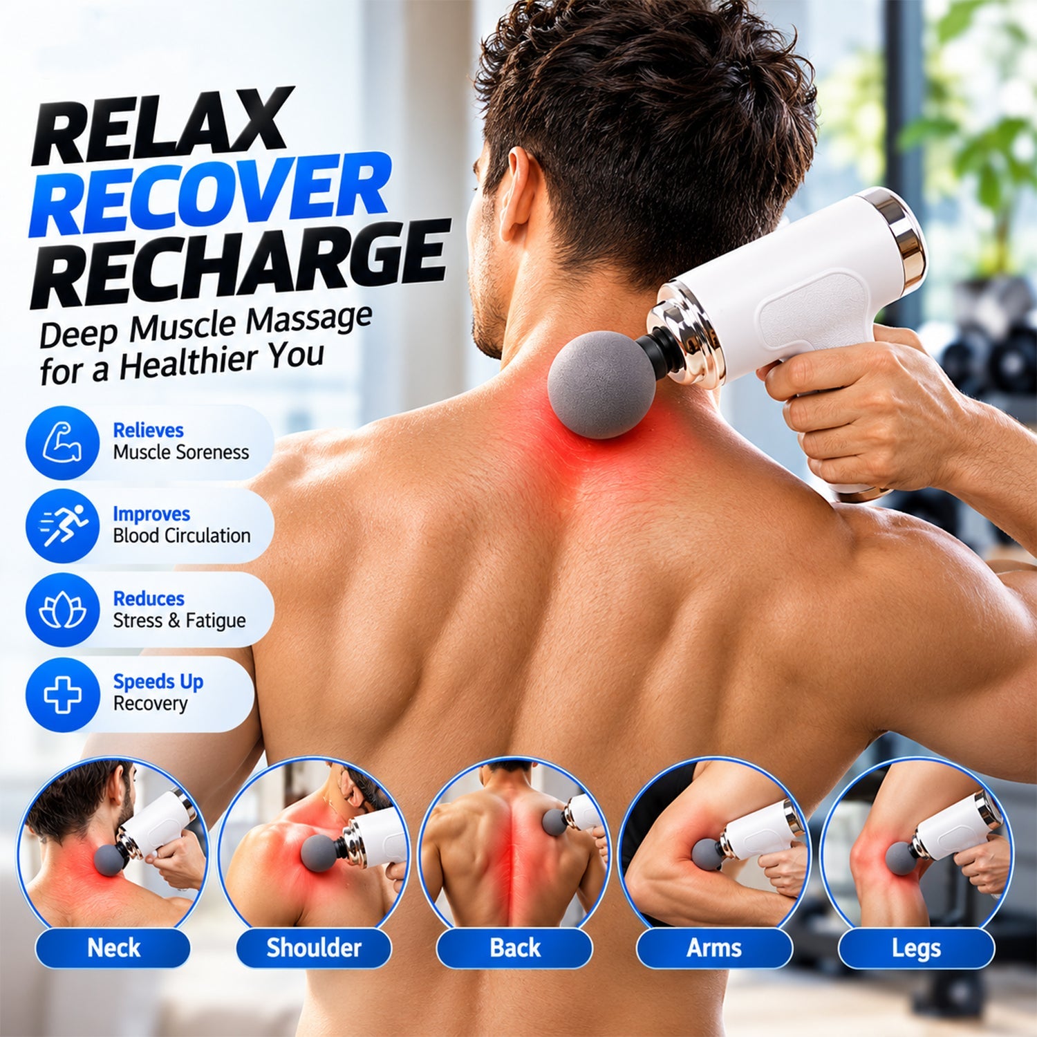 A man uses a white massage gun on his back, with insets showing its use on the neck, shoulder, back, arms, and legs.