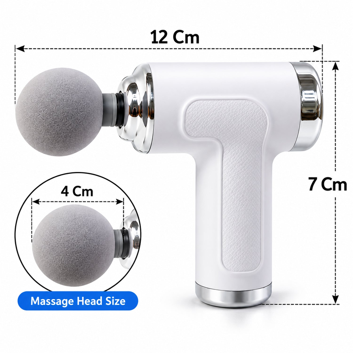 A white and silver massage gun with a gray spherical head, showing its dimensions of 12 cm length and 7 cm height.