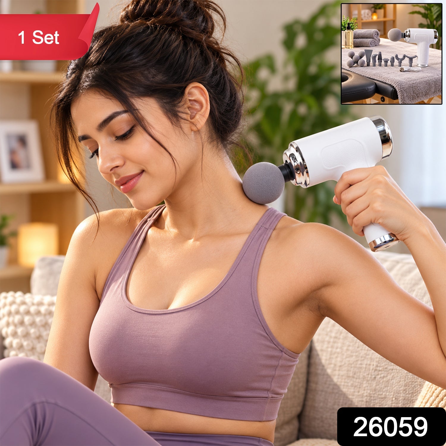 A woman in a purple sports bra uses a white and silver massage gun on her shoulder, with a small inset showing the full set.