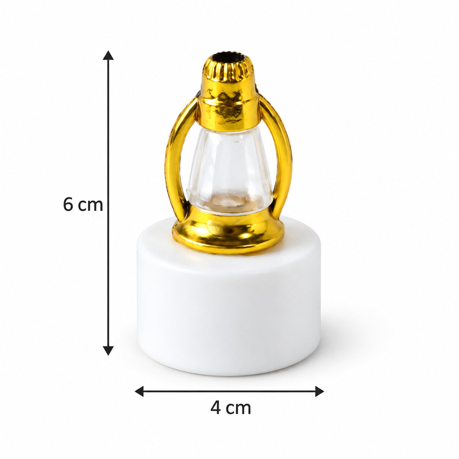 A single miniature lantern with a gold top and white base is shown with measurement arrows indicating its height of 6 cm and