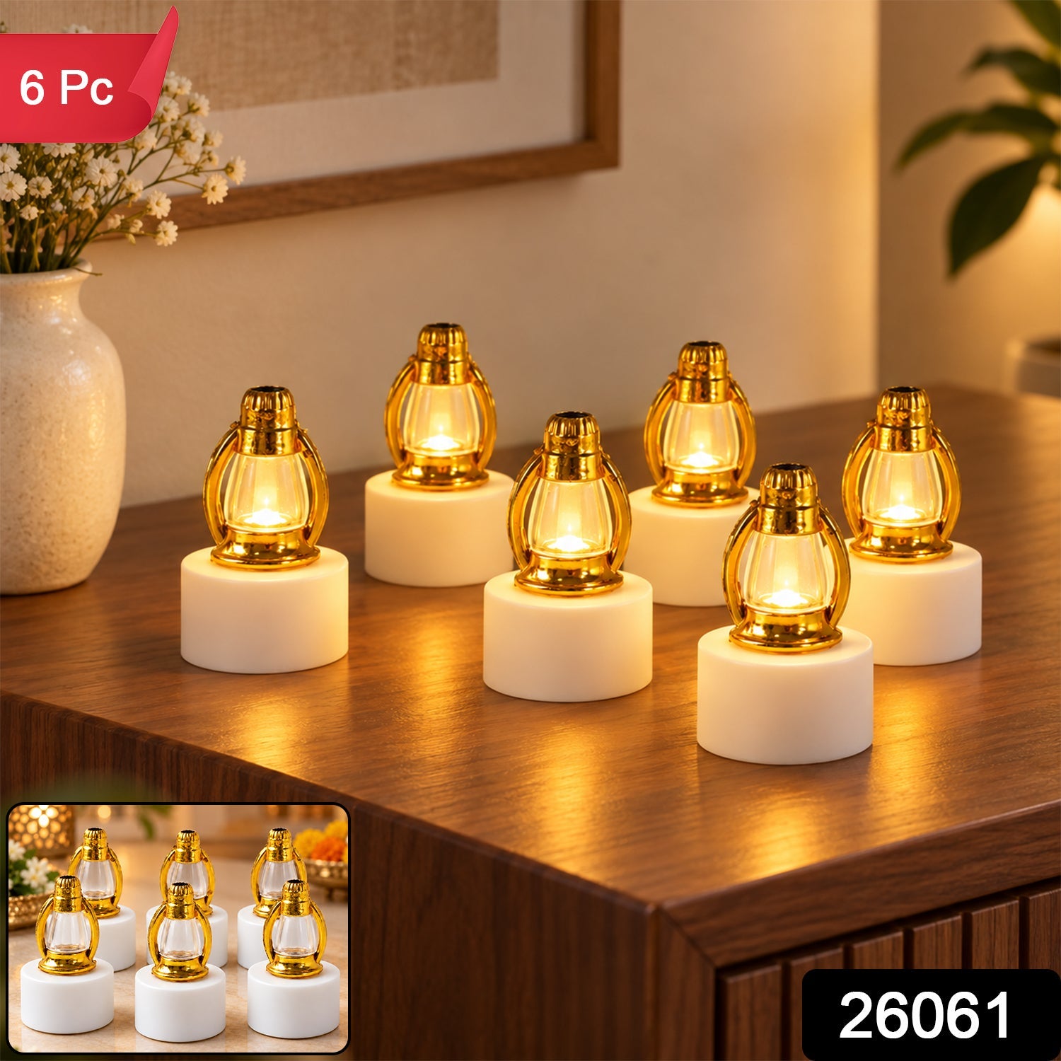 Six glowing mini lanterns with golden tops and white bases are arranged on a wooden table, with a small inset showing more