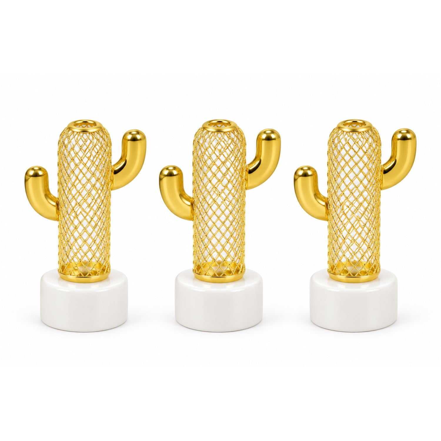 Three identical gold metal cactus lights with solid white bases are arranged in a row on a plain white background.