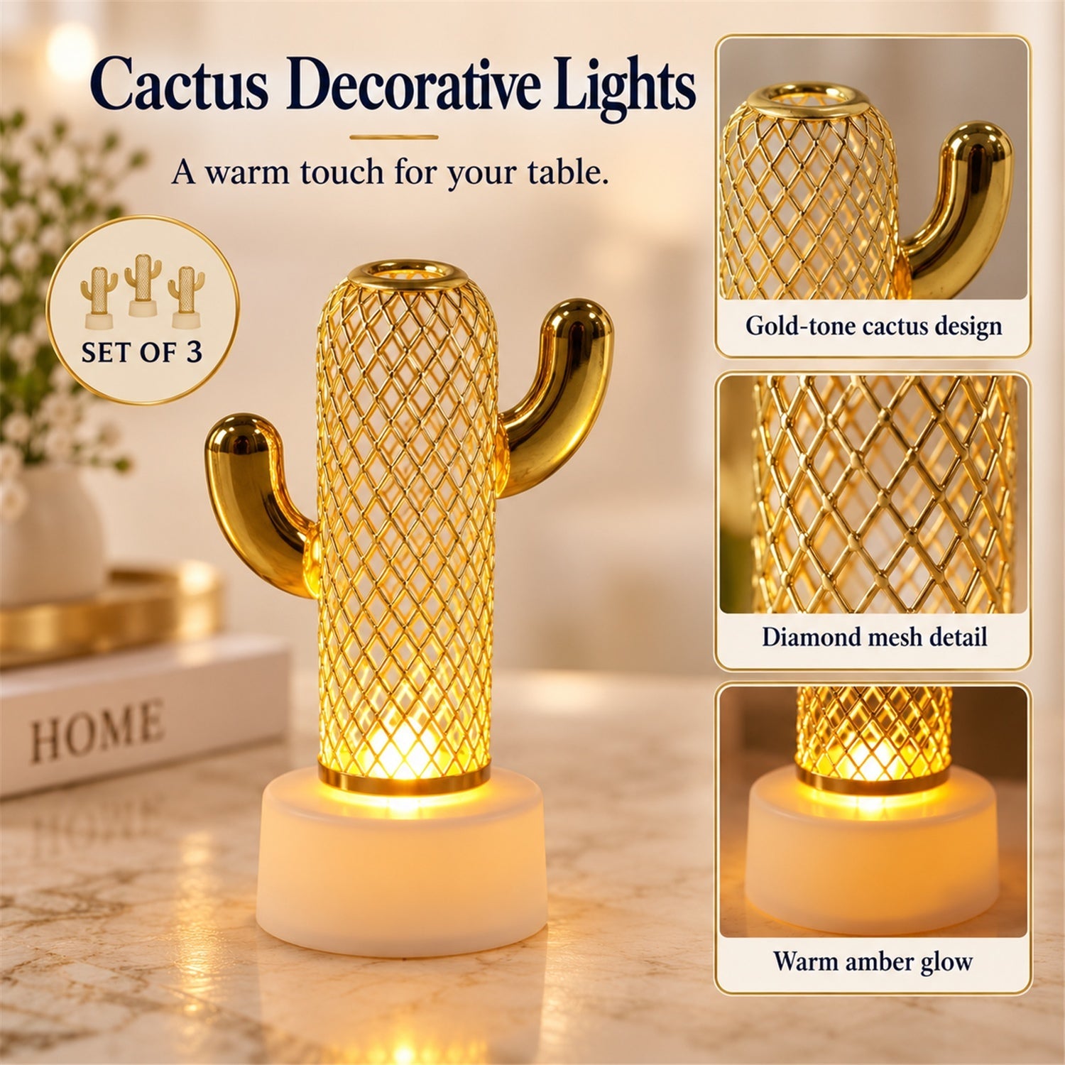 A single gold cactus light with a white base glows, with insets showing its mesh design and warm amber light.
