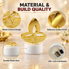 Golden diya LED tealight candles illuminating a dark setting