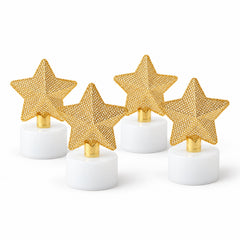 Four golden mesh star LED candles with white bases are arranged neatly on a clean white background.