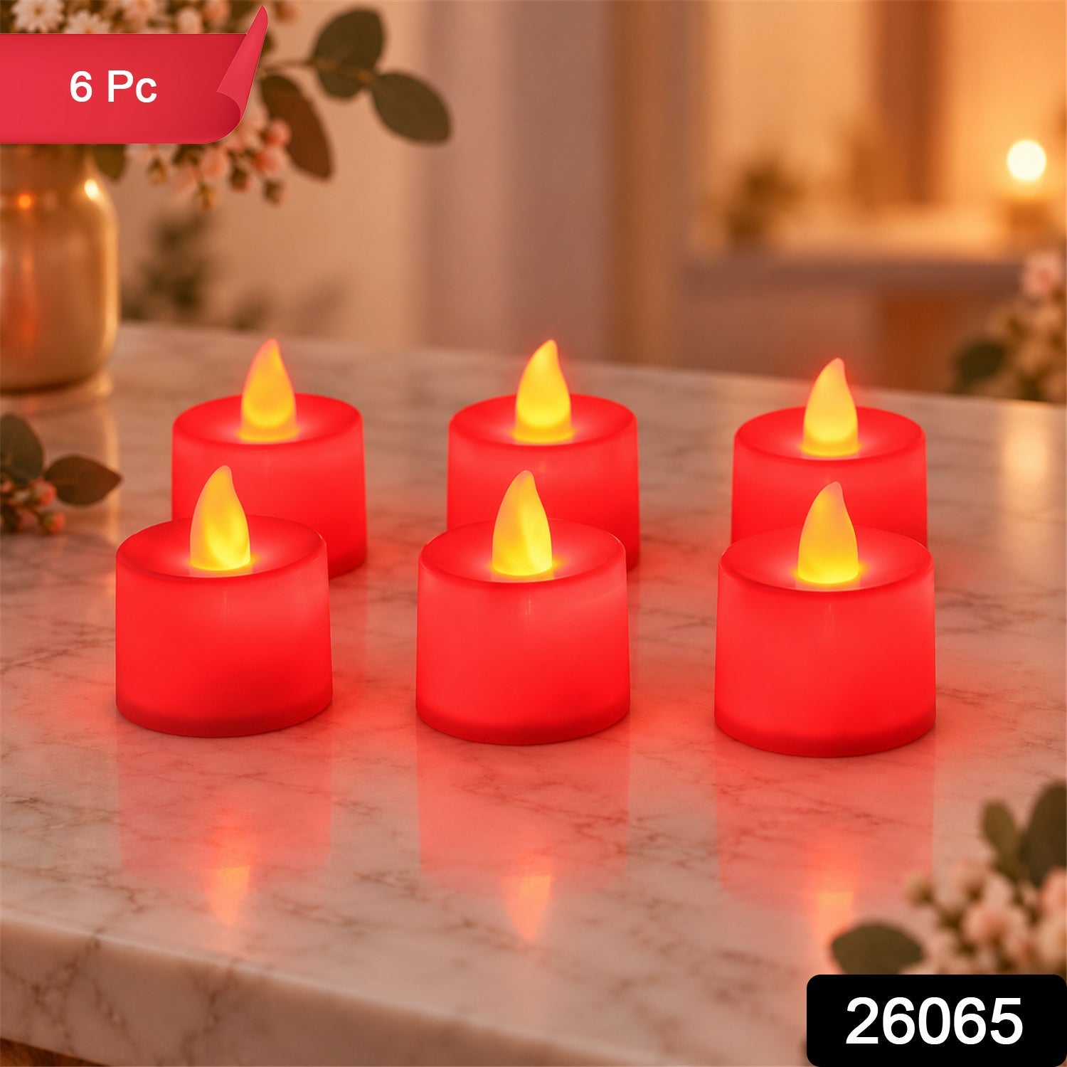 Six red flameless LED tealight candles glowing on a marble surface, with a red "6 Pc" label in the corner.