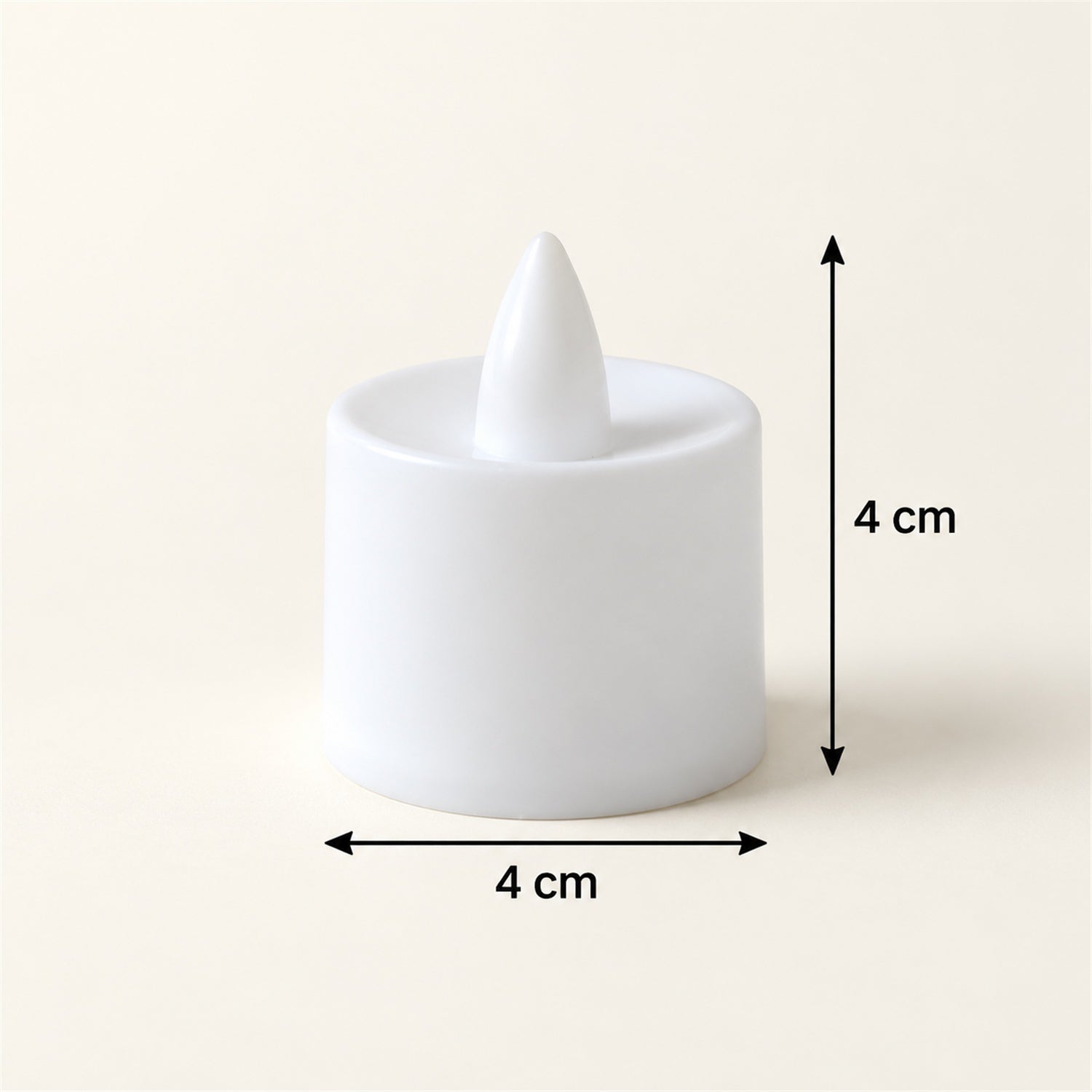 A single white flameless LED tealight candle with a pointed top, displaying its 4 cm height and width dimensions.