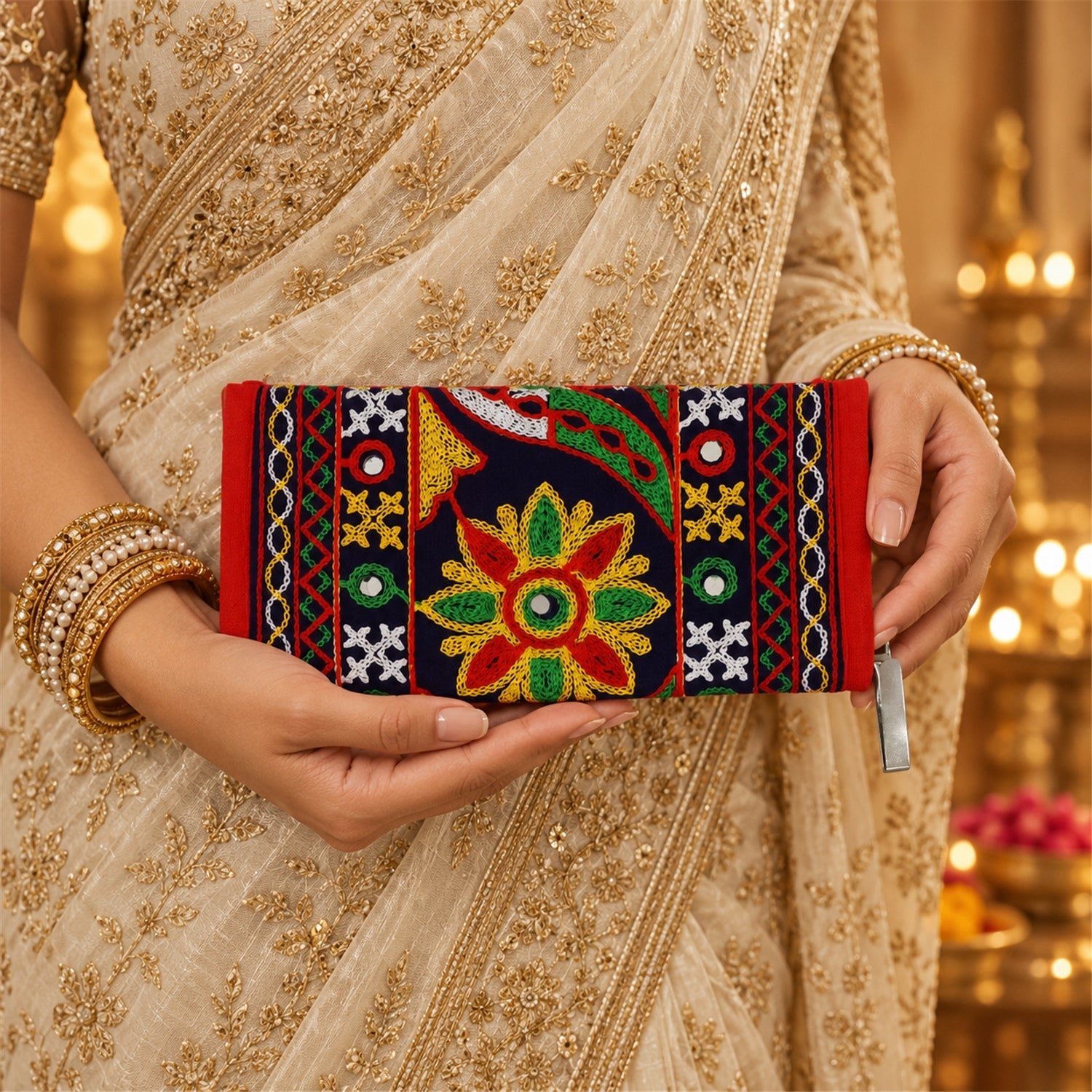 A person in a golden saree holds a dark blue and red embroidered clutch with a colorful floral design.