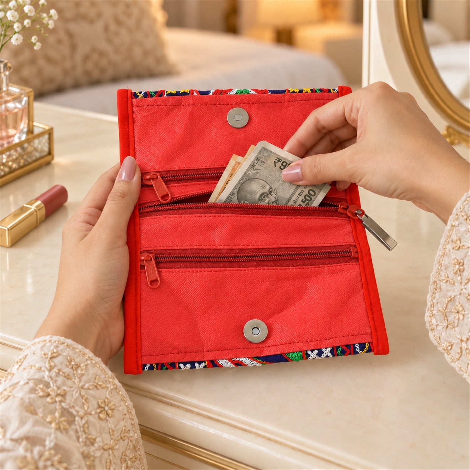Hands open the red interior of the clutch, revealing three zippered compartments and a person placing currency inside.