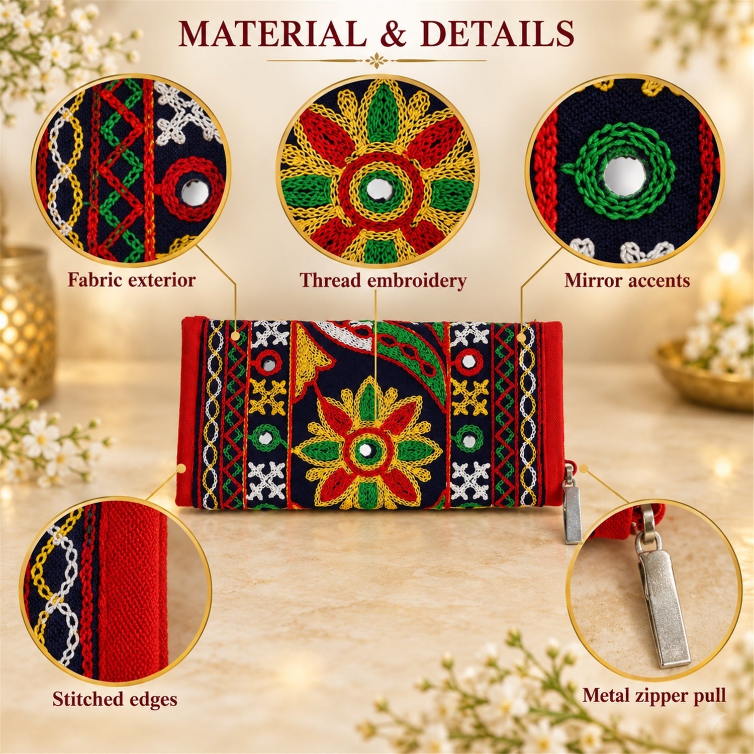 The embroidered clutch is displayed with callouts detailing its fabric exterior, thread embroidery, mirror accents, stitched