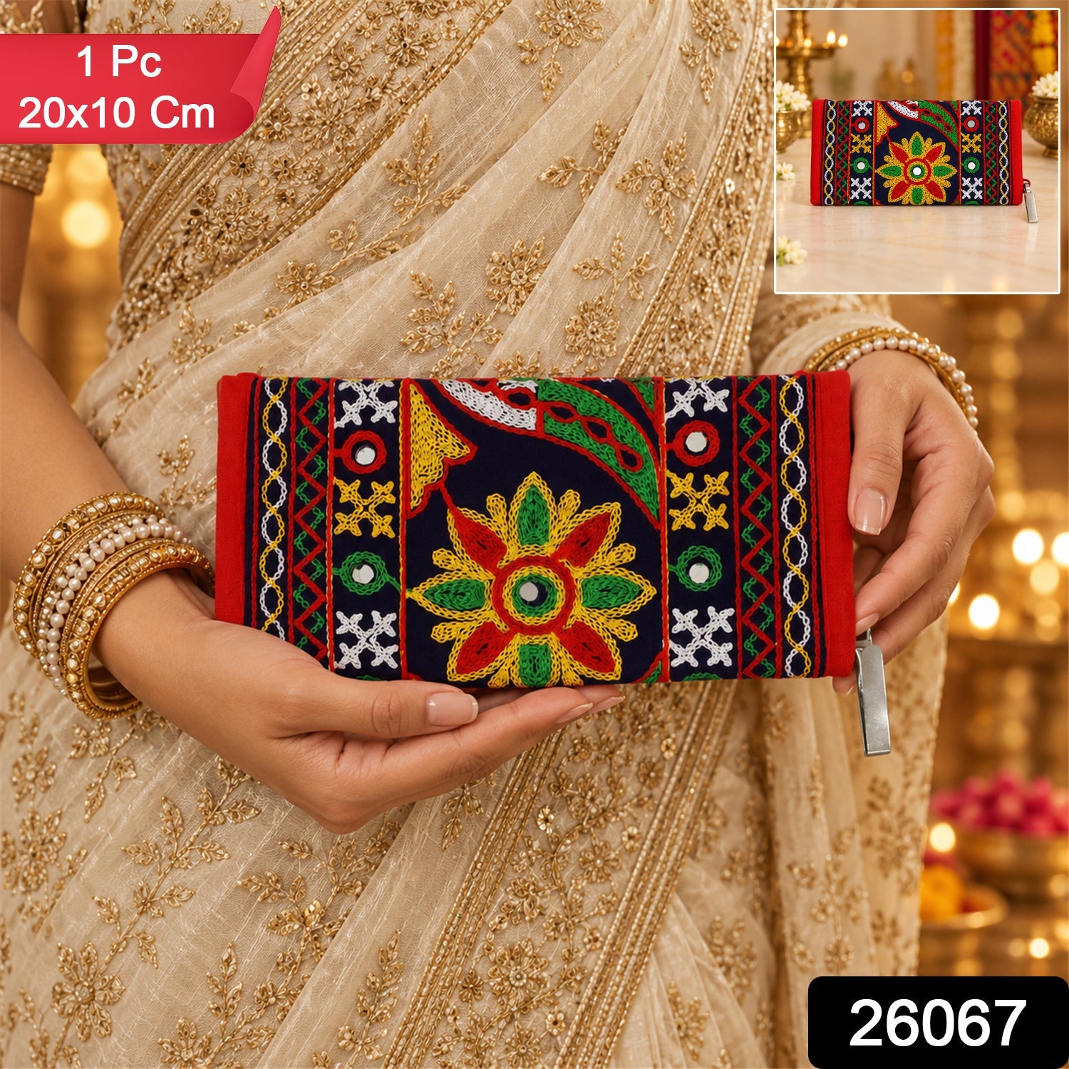 A person in a golden saree holds the clutch, with a smaller inset image of the same clutch in the top right.