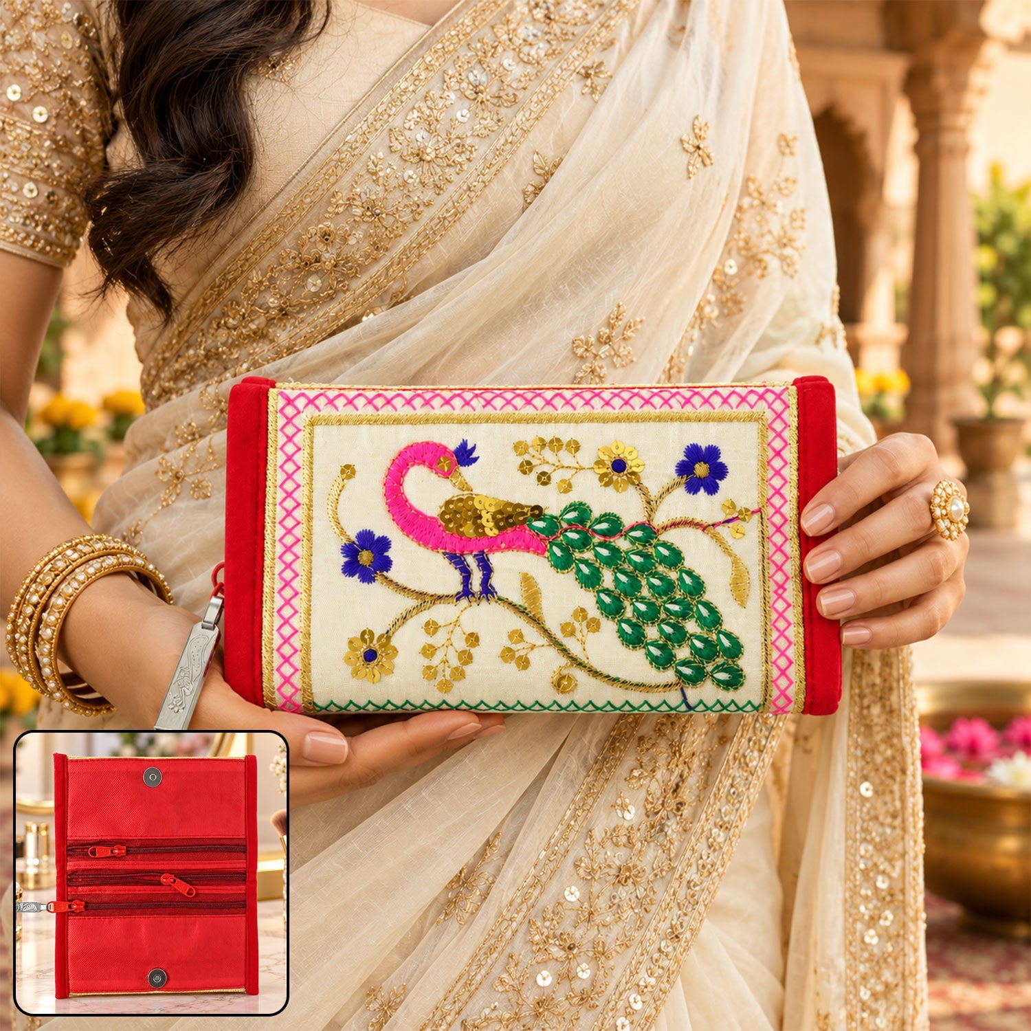 Detailed view of the wallet's peacock embroidery and sequin accents