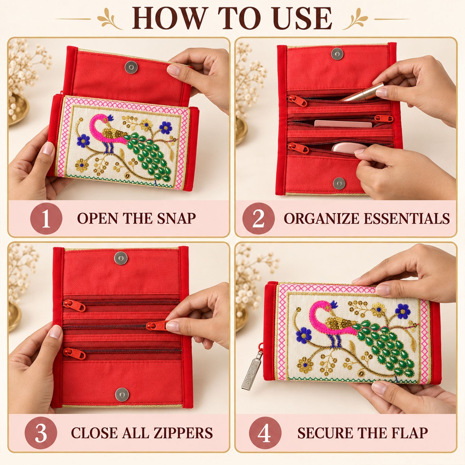 Interior view of the clutch wallet showing three zip compartments