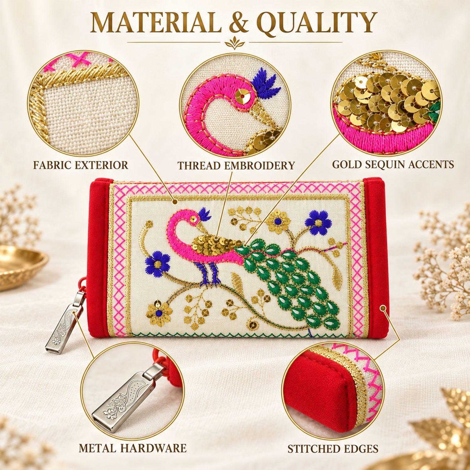 Peacock embroidered clutch wallet on a white background