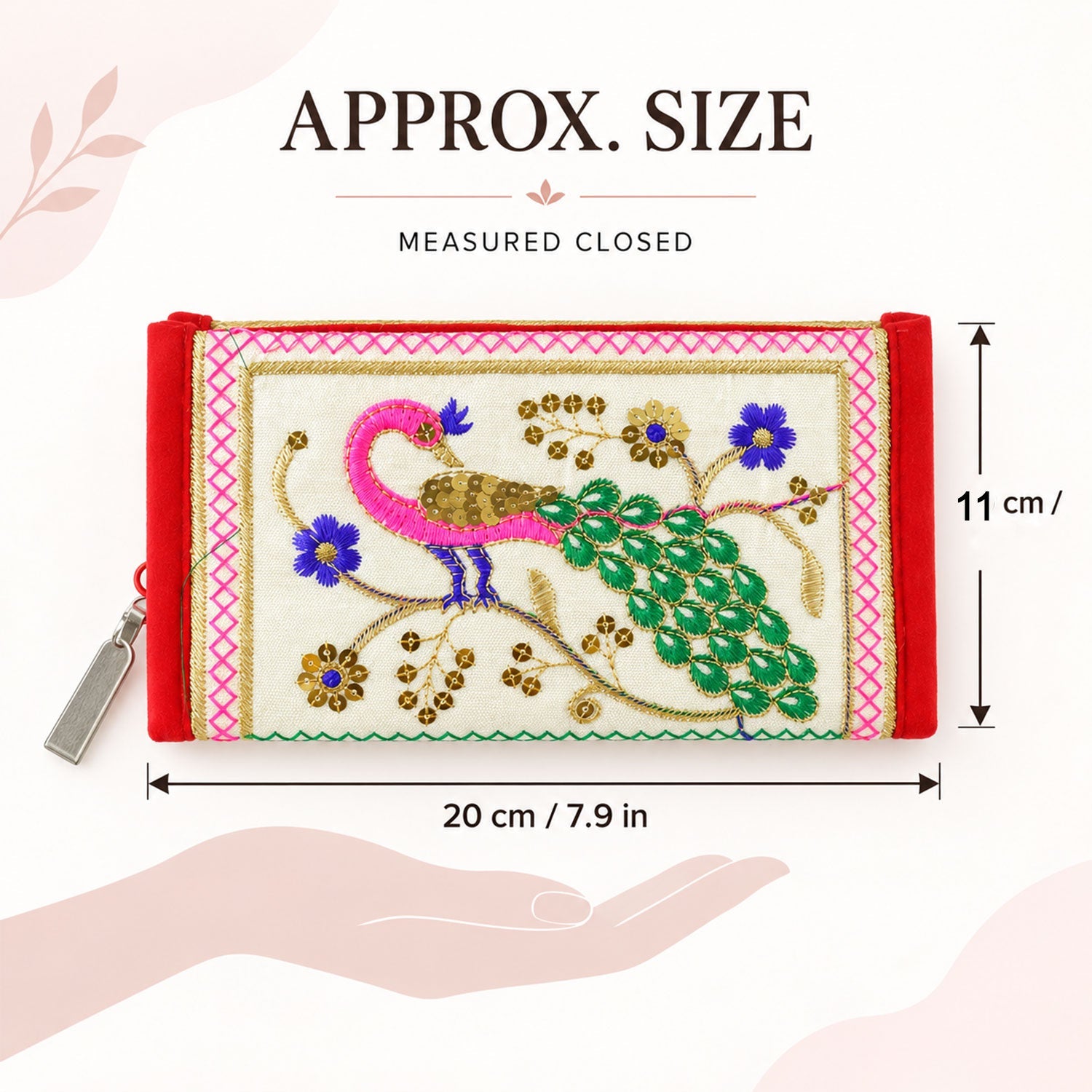 Peacock embroidered clutch wallet displaying its 11x20 cm size