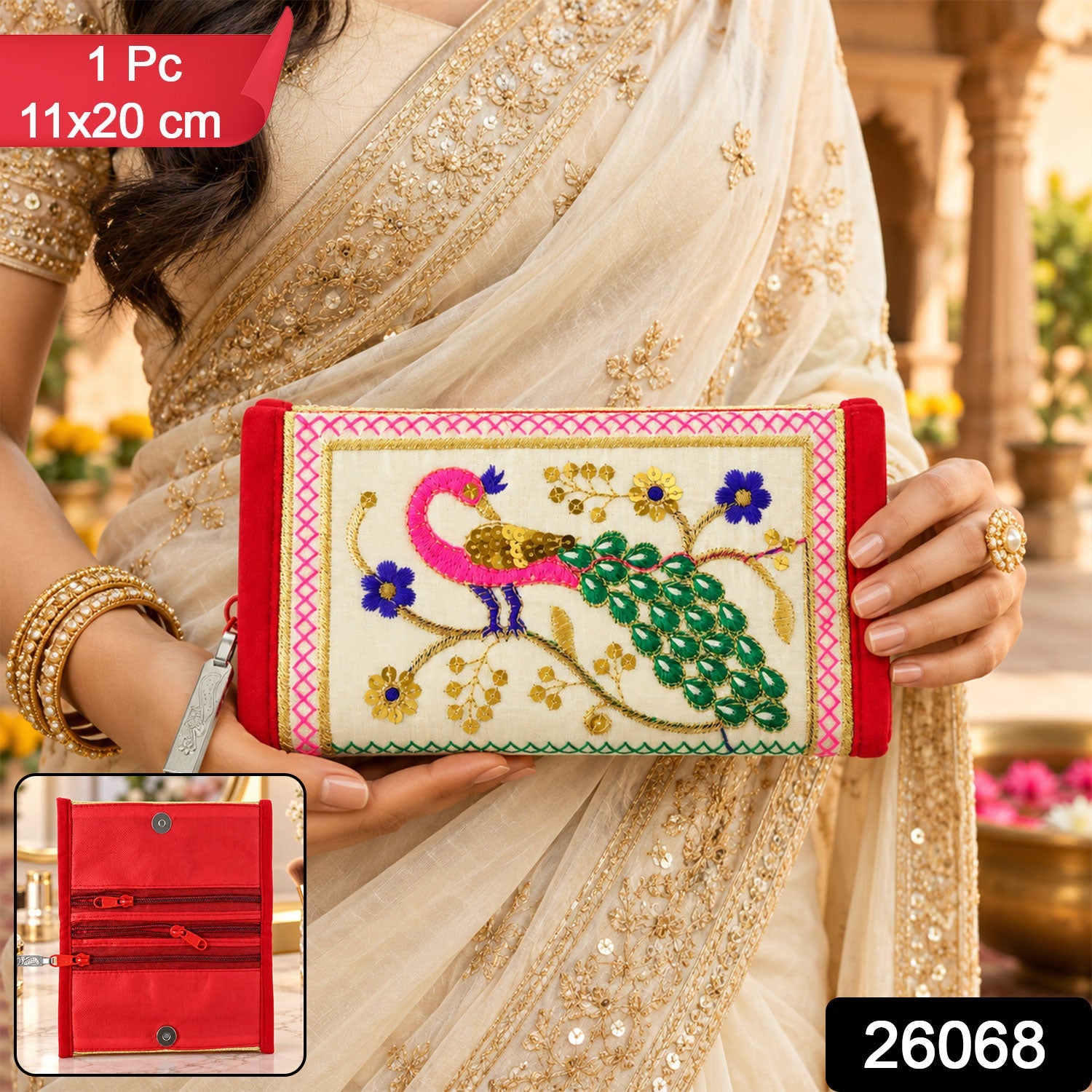 Folded clutch wallet purse with peacock embroidery on a plain background