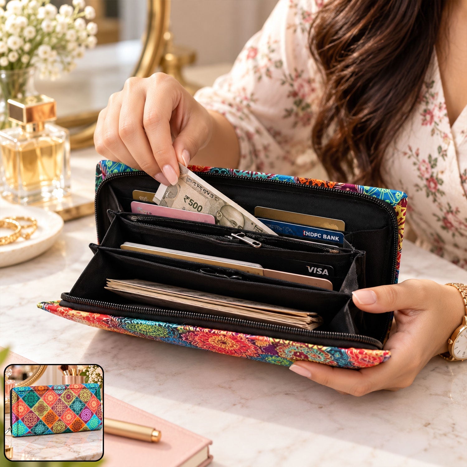 A colorful, patterned clutch wallet with a zipper is laid flat on a light-colored wooden surface.